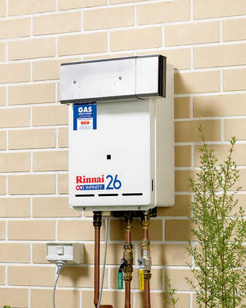 Rinnai continuous flow hot water heater on home exterior