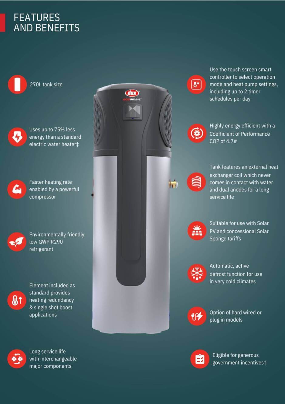 Dux Ecosmart 270 litre Heat Pump Same Day Hot Water Service