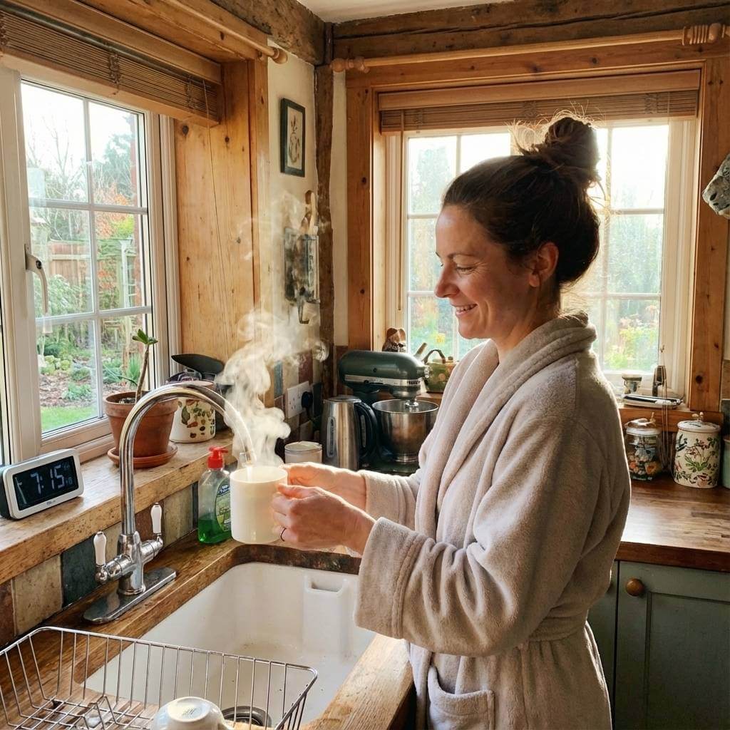 woman happy she can get hot water straight from her tap in the morning
