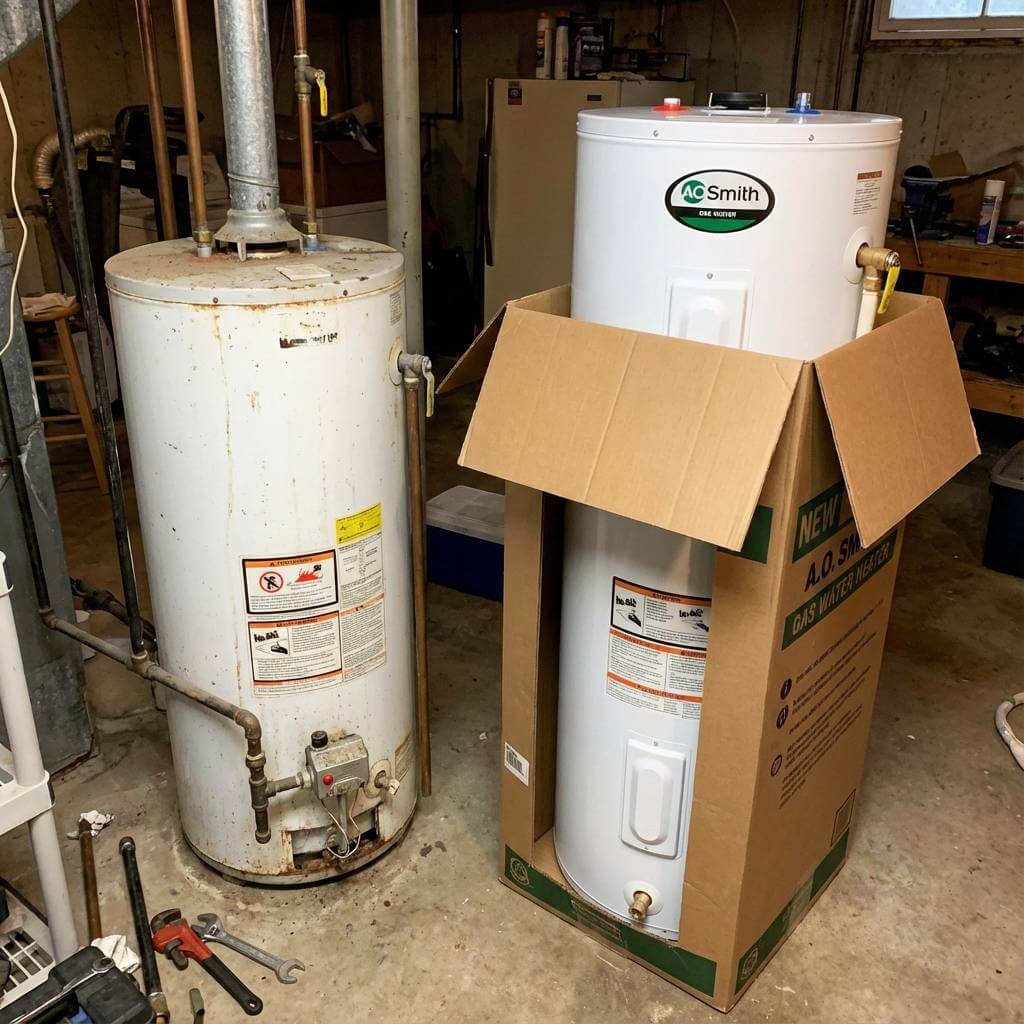 an old hot water system next to a new one in it's box